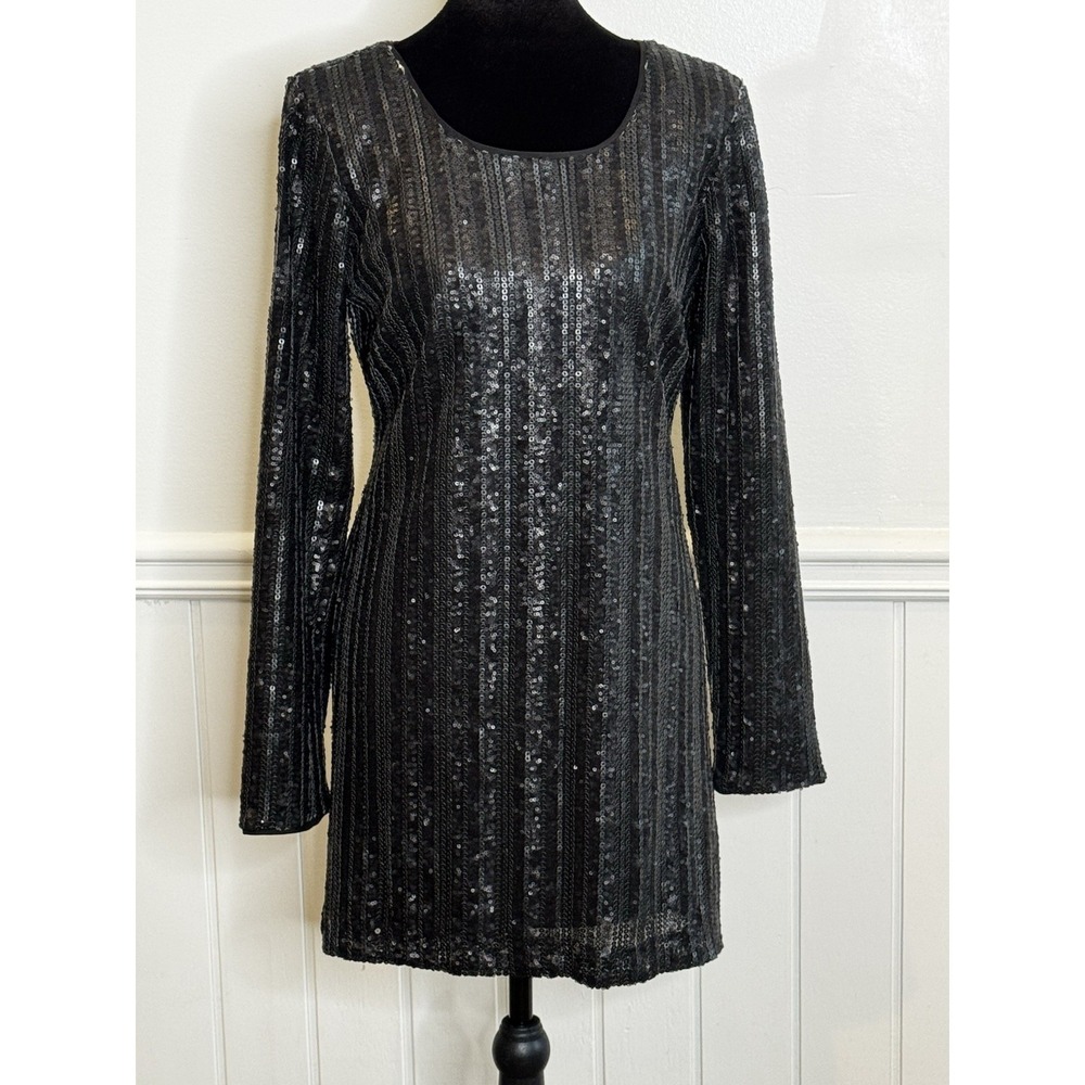 Dress the Population Black Sequin Cocktail Dress M Long Sleeve Glam Gala USA